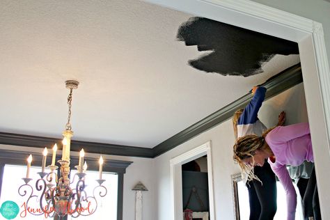 Painted Black Ceiling, Paint Tray Ceiling, Stomped Ceiling, Dark Painted Ceiling, Jennifer Allwood, Charcoal Walls, Trey Ceiling, Dark Ceiling, Black Buffet