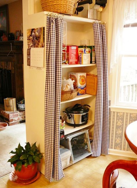 Bookshelf Pantry, Pantry Curtain, Pantry Diy, Diy Pantry, How To Make Curtains, Small Space Living, Curtain Rod, Apartment Living, Cottage Decor