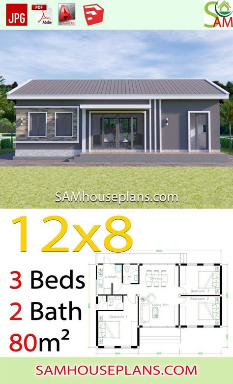 Gable Roof House, Country Cottage House Plans, Three Bedroom House Plan, Affordable House Plans, House Roof Design, Cottage Floor Plans, Free House Plans, Modern Bungalow House, Building House Plans Designs