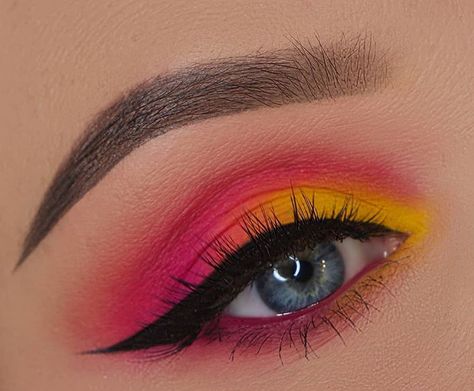 Pink and yellow eye makeup eyeshadow Pink And Yellow Makeup Looks, Pink And Yellow Eyeshadow Looks, Neon Yellow Eyeshadow Looks, Pink Yellow Blue Eyeshadow, Pink Orange And Yellow Eyeshadow, Red Eyeshadow Look, Yellow Eye Makeup, Rainbow Eye Makeup, Yellow Makeup