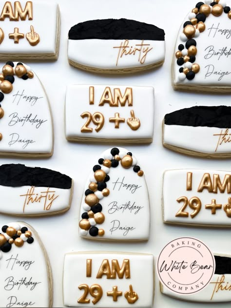 Dirty30 Birthday Ideas For Men, 30th Birthday Party Ideas For Men Surprise, Male 30th Birthday Party Ideas, Guy 30th Birthday Ideas Decor, 30th Black And Gold Party, Golden Birthday For Men, 30th Birthday Cookies Men, All Black 30th Birthday Party For Men, 30th Birthday Party Ideas For Men Themes