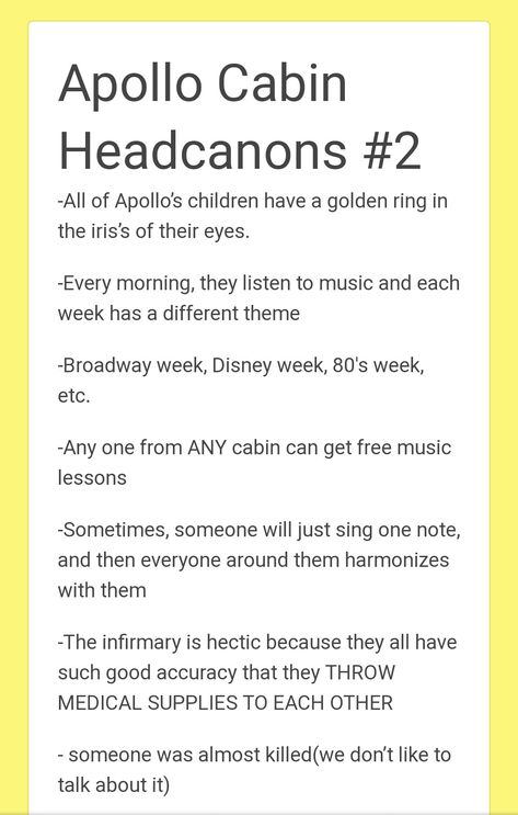 Apollo cabin headcanons 1/2 ☀️ Camp Half Blood Apollo Cabin, Pjo Headcanons Apollo Cabin, Cabin 3 Headcanons, Cabin 7 Apollo Headcanons, Percy Jackson Cabin Headcanons, Between 1&2, Cabin 7 Headcannons, Cabin 7 Headcanons, Child Of Apollo Headcanons