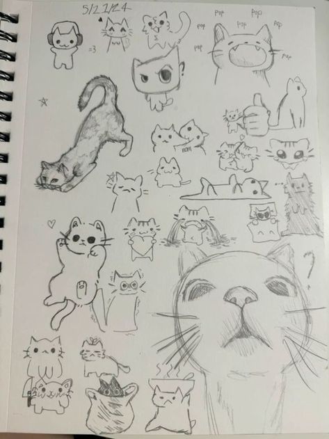 Anime Cat Tutorial, Kawaii Drawing Inspiration, Paper Cats Diy, Kawaii Sketches Easy, Cool Cat Doodle, How To Draw Cat Head, Cartoon Cat Drawing Sketch, Ink Cat Drawing, Cute Art To Draw