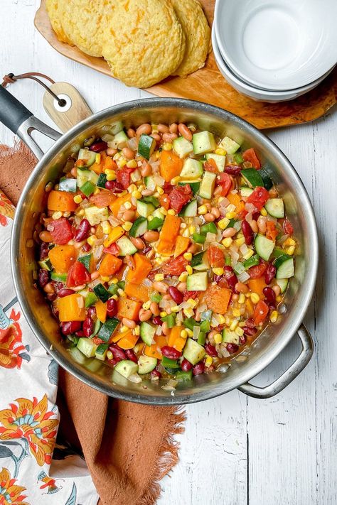 Three Sisters Stew is an easy-to-make, wholesome dish of vegetables gently stewed in a fragrant broth. With indigenous roots, this delicious dish is perfect to serve during harvest, for Thanksgiving, or on any chilly winter day. And, it's ready in under 30 minutes. 3 Sisters Stew, Winter Vegetable Stew, Three Sisters Recipes, Indigenous Meals, Harvest Stew Recipe, Three Sisters Stew, Indigenous Recipes, Three Sisters Soup, Easy Vegetable Dishes