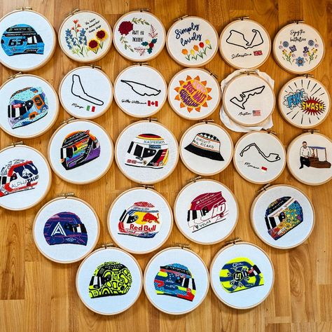 A friend asked how many F1 embroideries I've made now so I thought I would lay them all out for one pic 😁 most of these are on sale as DIY kits but some are no longer available! Which is your favourite of the lot? #F1artist #F1art #F1fans F1 Embroidery, F1 Art, Diy Kits, One Pic, Formula 1, How Many, Embroidery Patterns, On Sale, Fan Art