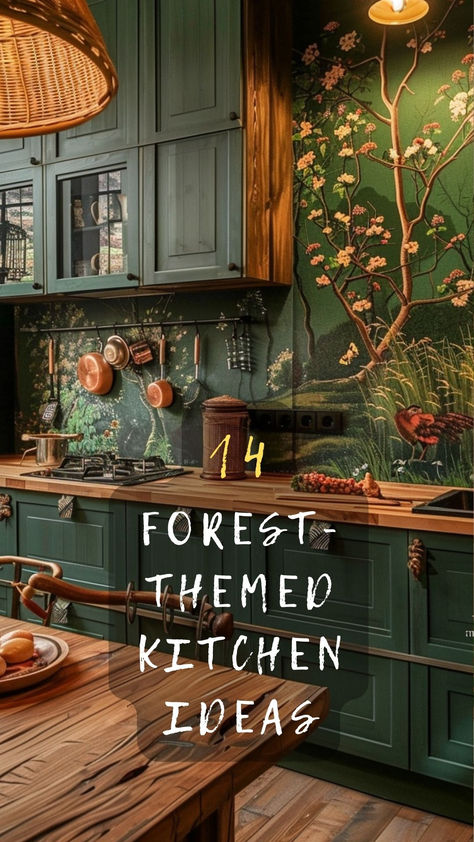 Transform Your Kitchen With These 14 Enchanting Forest-Themed Ideas. Curious How To Bring The Serenity Of Nature Indoors? Click To Explore And Get Inspired! 🌲🍴✨ #ForestKitchen #NatureInspired #KitchenIdeas #GetInspired #ExploreDecor Moody Green Kitchen Walls, Cottagecore Kitchen Inspiration, Witchy Kitchen Ideas Bohemian, Forest Themed Interior Design, Enchanted Forest House Interior, Kitchen Maximalist Decor, Nature Theme Interior Design, Forest Themed Home Decor, Fairytale Kitchen Aesthetic