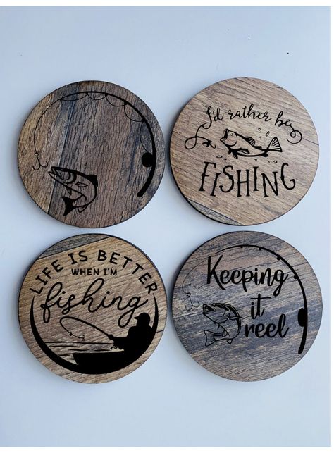 "Set of 4 laser engraved and cut coasters. 3.5\" diameter coasters fit nicely anywhere and are made from a laminate to offer superior durability." Costers Diy Cricut, Slate Coasters Engraved, Engraved Coaster Ideas, Coaster Engraving Ideas, Engraved Slate Coasters, Cricut Coaster Ideas, Coasters Diy Wooden, Wood Coaster Ideas, Wooden Coaster Ideas