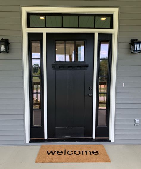 Blue House Black Front Door, Houses With Black Doors Exterior Colors, Black Outside Doors, Black Door House Exterior, Black Craftsman Front Door, White House Black Door Exterior, Black Door Exterior Front Entry, Black Front Door With Windows, Black Door Paint Color