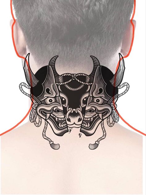 Japanese Throat Tattoo, လည်ပင်း Tattoo, Japanese Neck Tattoo, Oni Tattoo, Optical Illusion Tattoos, Illusion Tattoos, Animal Tattoo Ideas, Throat Tattoo, Native Tattoos