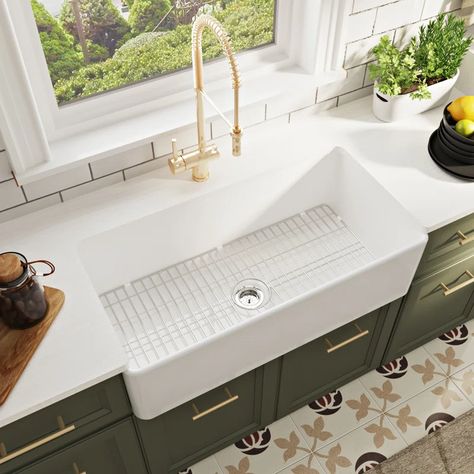 DeerValley Grove White Fireclay Rectangular Single Bowl Farmhouse Apron Kitchen Sink with Grid and Strainer & Reviews | Wayfair Apron Kitchen Sink, White Farmhouse Sink, Apron Front Kitchen Sink, Fireclay Farmhouse Sink, White Kitchen Sink, Elegant Centerpiece, Farmhouse Kitchen Sink, Apron Sink Kitchen, Farmhouse Apron