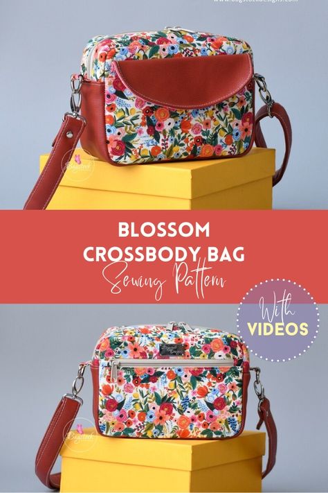 Blossom Crossbody Bag sewing pattern (with video). This is a great small bag that can be used everyday. You can fill it with just your essentials and use it all day. If you want, you can use dressy fabrics, and this can make your Blossom Crossbody Bag a great night out or special occasion bag. SewModernBags Diy Small Leather Bag, Small Shoulder Bag Pattern, How To Sew A Crossbody Bag, Crossbody Bag Diy Pattern, Quilted Bag Sewing Pattern, Free Shoulder Bag Patterns To Sew, Crossbody Sewing Pattern, Free Crossbody Bag Pattern, Crossbody Bag Pattern Free Sewing