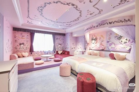 Sandio hotel, my melody hotel, kuromi hotel Sanrio Bedroom, Kuromi Room, Hello Kitty Rooms, Princess Room, Sanrio Wallpaper, Plaza Hotel, House Drawing, House Room