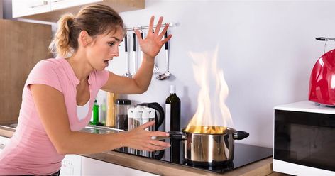 Oct. 9 is Fire Prevention Day. A kitchen grease fire can turn a home into a deadly trap in moments. Here's the right way to put it out and what NOT to do. Kitchen Safety, Fire Prevention, Fire Protection, Cooking Pot, Pot Lids, Fire Safety, Protecting Your Home, Health Risks, Fire Extinguisher