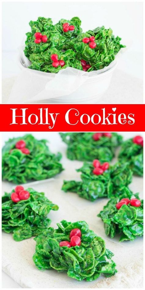 You should know that these Holly Cookies aren’t really cookies in the literal sense.  They’re more like Rice Krispie treats made with corn flakes instead of Rice Krispies– and with added green coloring.  The corn flakes are perfect for making these look like holly leaves.  Added cinnamon red hot candies act as berries for the holly. #holly #cookies #cornflake #cookierecipe #easychristmascookies #RecipeGirl Holly Cookies, Wreath Cookies, Cookies Christmas, Christmas Food Desserts, Xmas Cookies, Cookies Decorated, Cookies Recipes, Christmas Snacks, Holiday Cooking