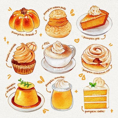 Hot Names, Cute Food Illustration, Desserts Illustration, Aesthetic Food Art, Yummy Illustration, Food Lettering, Desserts Drawing, Excited For Fall, Dessert Illustration