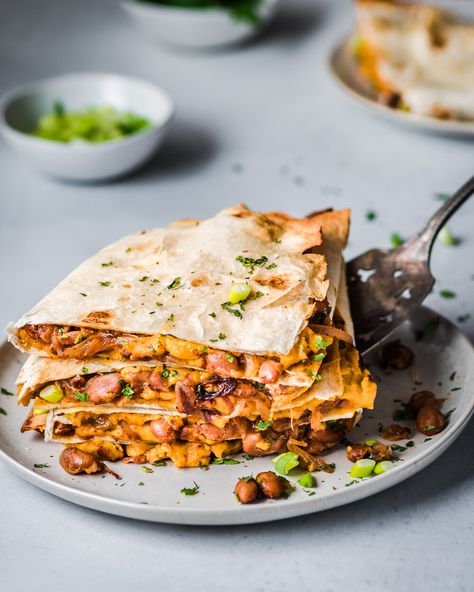 Vegan Quesadillas with Smoky Cheese and Refried Beans — Rainbow Plant Life Quesadilla Photography, Walmart Recipes, Vegan Quesadillas, Cashew Cheese Recipe, Vegan Refried Beans, Rainbow Plant Life, Refried Beans Recipe, Sweet Onions, Cashew Cheese