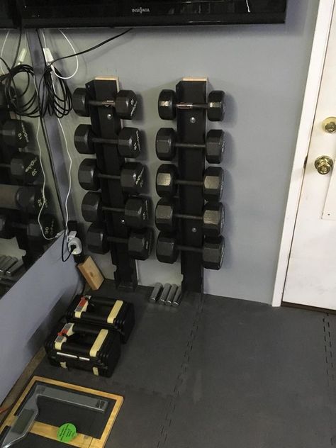 Wall mounted Dumbbell rack made from standard A frame dumbbell rack. Wall Dumbbell Rack, Dumbell Rack Diy, Diy Dumbells Rack, Dumbell Wooden Rack, Wooden Dumbbell Rack, Wall Mounted Dumbbell Rack, Gym Organization Ideas, Fitness Corner, Diy Dumbbell