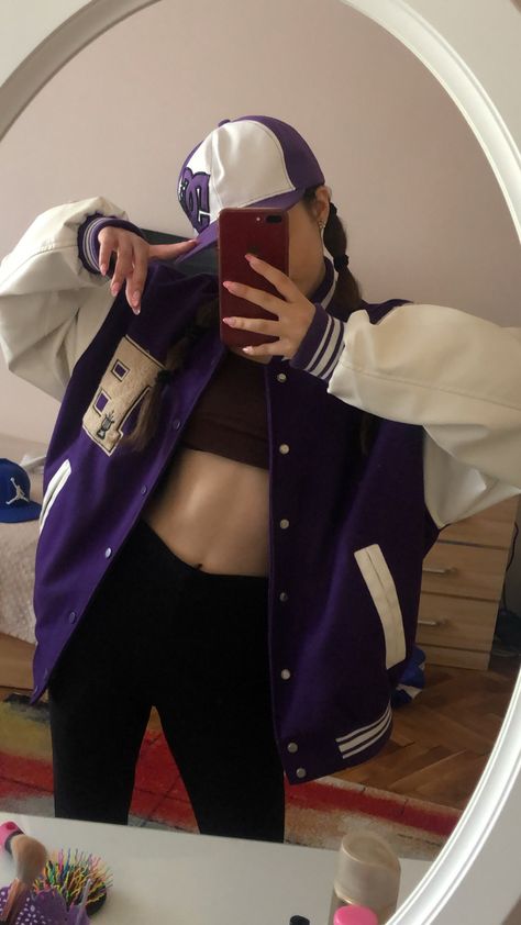 Purple Varsity Jacket Outfit, Purple Letterman Jacket, Letterman Jacket Outfit, Varsity Outfit, Custom Varsity Jackets, Senior Jackets, Varsity Jacket Outfit, Wearing Purple, Baggy Streetwear