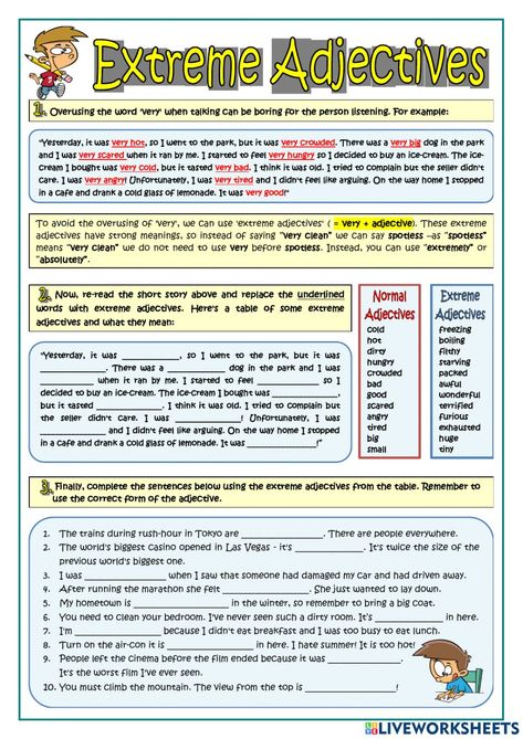 Extreme Adjectives, Adjectives Esl, Adjectives Activities, English Adjectives, Adjective Worksheet, English Teaching Materials, English Exercises, Teaching English Grammar, Language Worksheets