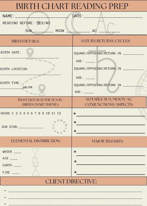 Quickly organize for your birth chart readings with this helpful Astrologer's planner. A concise form that highlights the key questions to be answered and developed to give an effective birth chart reading. How To Read Birth Chart, Birth Chart Astrology Reading, How To Read Your Birth Chart, Birth Chart Journal, Journal Binder, Birth Chart Reading, Energy Universe, Spirituality Energy Universe, Birth Chart Analysis