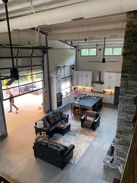 Lofted Garage Apartment, Shop Remodel Ideas, Barndo Interior Design, Pole Barn Garage Interior, Industrial Barndominium, Shop Loft Ideas, Barndominium With Shop, Open Concept House, Shop With Living Quarters