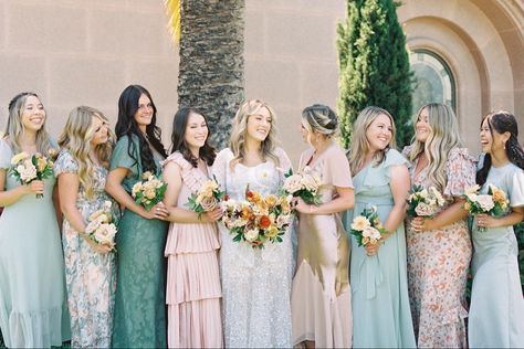 Green And Peach Bridesmaid Dresses, Sage Green And Pale Pink Bridesmaid Dresses, Peach And Sage Green Wedding Bouquet, Sage Green Bridesmaid Dresses Bright Flowers, Seafoam Green And Peach Wedding, Mixed Bridesmaid Dresses, Patterned Dresses, Peach Bridesmaid, Unique Bridesmaid Dresses