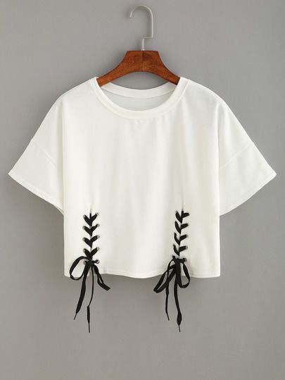 Shop Double Lace-Up Hem Crop T-shirt online. SheIn offers Double Lace-Up Hem Crop T-shirt & more to fit your fashionable needs. Áo Blu, Shirts Crop Tops, White Summer Tops, Lace Up T Shirt, Cropped White Tee, Shirts Crop, White Short Sleeve Shirt, Laced Up Shirt, Diy Vetement