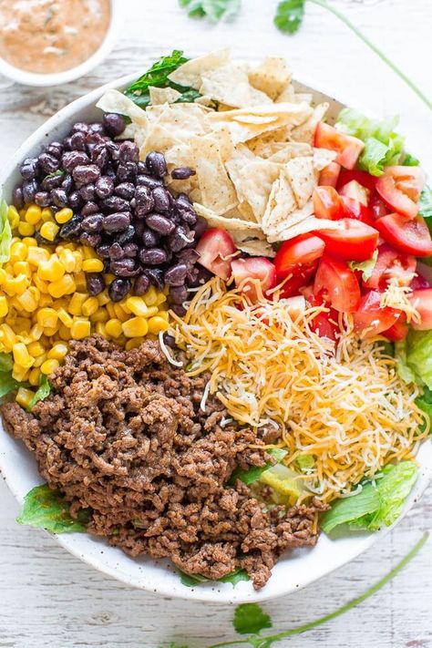 Ground Beef Taco Salad Bowls (+ Homemade Taco Bowls!) - Averie Cooks Ground Beef Burritos, Beef Taco Salad, Frito Taco Salad, Creamy Cilantro Lime Dressing, Taco Salad Recipe Healthy, Easy Taco Salad Recipe, Creamy Cilantro Dressing, Vegan Taco Salad, Turkey Taco Salad