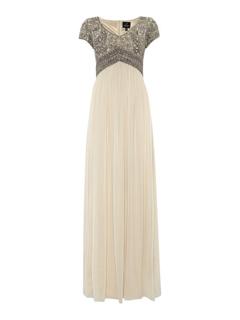 Adrianna Papell Beaded Top Empire Waist Dress in Gray (Beige) Empire Waist Wedding Dress, Empire Waist Gown, Crepe Maxi Dress, Empire Wedding Dress, Evening Gowns With Sleeves, Maxi Dresses For Women, Empire Waist Dress, Empire Dress, Beaded Top