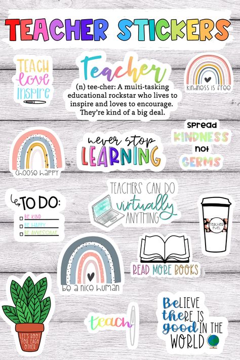 These adorable teacher stickers are the perfect teacher gift your your favorite teacher, or for yourself! The stickers included are: teach love inspire sticker, teacher definition sticker, kindness is free sticker, choose happy sticker. never stop learning sticker, spread kindness not germs sticker, teachers can do virtually anything sticker, teacher fuel coffee sticker, be the good sticker, be a nice human sticker, read more books sticker, let's root for each other sticker, be awesome sticker Teacher Sticker Ideas, Teachers Day Sticker, Teaching Stickers, Classic Stickers, Stickers For Teachers, Reading Stickers, Teacher Definition, Bookworm Quotes, Teacher Accessories