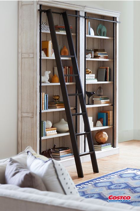 Bookcase Wall and Ladder Bookshelf With Ladder, Barn Door Bookcase, Shelf For Office, Dvd Shelf, Cream Couch, Wooden Bookshelves, Ladder Storage, Tall Bookcase, Tall Bookcases