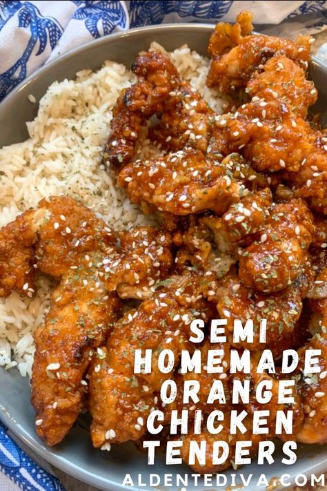 Take a major shortcut with frozen tenders and this orange chicken is ready to eat in just 20 minutes. This is a great busy weekday dinner. #semihomemaderecipe #orangechickentenders #dinnerideas Semi Homemade Meals, Semi Homemade Recipes Dinner, Aldentediva Recipes, Sandra Lee Semi Homemade Recipes, Semi Homemade Recipes, Chinese Veggies, Homemade Orange Chicken, Sandra Lee Recipes, Easy To Make Recipes