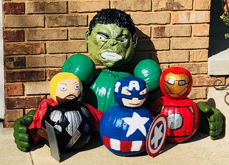 Marvel Pumpkins Incredible Hulk, Thor, Iron Man, Captain America Iron Man Painted Pumpkin, Captain America Pumpkin Painted, Avenger Pumpkin Painting, Iron Man Pumpkin Painting, Marvel Painted Pumpkins, Avengers Pumpkin Painting, Superhero Pumpkin Painting, Pumpkin Painting Ideas Marvel, Hulk Pumpkin Painting