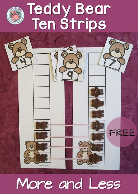 This is a free activity for teaching the concepts of more and less by comparing concrete quantities. The Teddy Bear Ten Strip activity focuses on using one to one matching to figure out which of two quantities is more or less. This is a partner activity that can be enjoyed by an adult and child or two children. Compare Numbers, Prek Math, Numbers Kindergarten, Concrete Materials, Kindergarten Fun, Kindergarten Math Activities, Math Numbers, Math Stations, More And Less