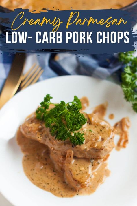 Easy Creamy Garlic Parmesan Keto Pork Chops - a delicious and low-carb dinner option that will satisfy your cravings! Made with juicy center-cut boneless pork chops, savory onions and garlic, and a creamy sauce featuring heavy whipping cream, cream cheese, and a blend of Parmesan and cheddar cheeses. With added flavor from Italian seasoning and just the right amount of salt and pepper, this recipe is a must-try for any keto dieter! #keto #lowcarb #ketodiet #ketorecipes #porkchops #easyrecipes #d Garlic Parmesan Pork Chops, Low Carb Pork Chops, Parmesan Pork Chops, Keto Pork Chops, Keto Pork, Low Carb Pork, Easy Pork Chop Recipes, Low Carb Meal, One Skillet Meals