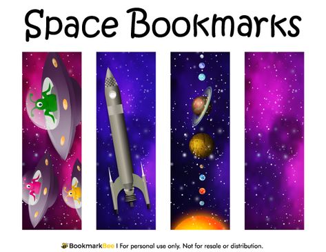 Free printable space bookmarks. The designs include the solar system, a rocket ship, and more. Download the PDF template at http://bookmarkbee.com/bookmark/space/ Space Bookmarks, Free Printable Bookmarks Templates, Alien Birthday Party, Space Lessons, Bookmark Printable, Free Printable Bookmarks, Bookmark Designs, Outer Space Party, Printable Star