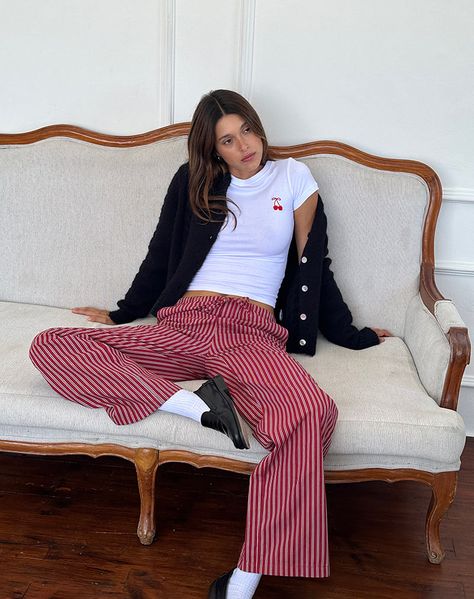 UP TO 50% OFF BOTTOMS – motelrocks-com-us Outfits To Wear With Trousers, Girly Trousers Outfit, Fun Trousers Outfit, Striped Pj Pants Outfit, Red Striped Pants Outfit, Stripy Trousers Outfit, Patterned Trousers Outfit, How To Style Striped Pants, Slim Trousers Outfit