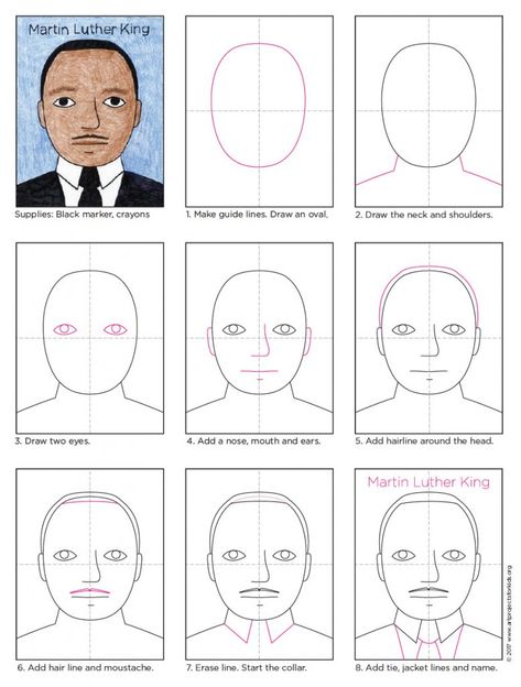 I created this Martin Luther King for kids project to support classrooms that are celebrating MLK Day. It’s a tutorial that will help students consider more about how to draw his hair, facial features and customary black suit. #blackhistorymonth Martin Luther King Art Projects, Martin Luther King Kids, Martin Luther King Art, Martin Luther King Jr Crafts, Mlk Crafts, Martin Luther King Activities, Martin Luther King Jr Activities, King Craft, Drawing Lessons For Kids