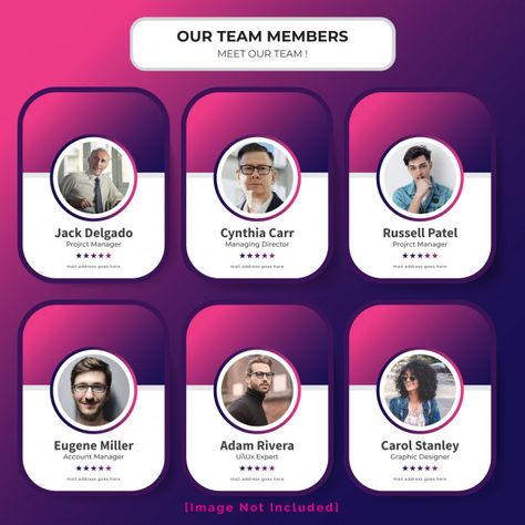 Meet our team web template | Premium Vector #Freepik #vector #business #abstract #people #technology Teams Page Design, Team Structure Design, Meet The Speakers Poster, Speaker Profile Design, Meet The Team Design Layout Creative, Team Reveal Ideas, Meet Our Team Design Layout, Committee Members Poster, Introduction Design Ideas