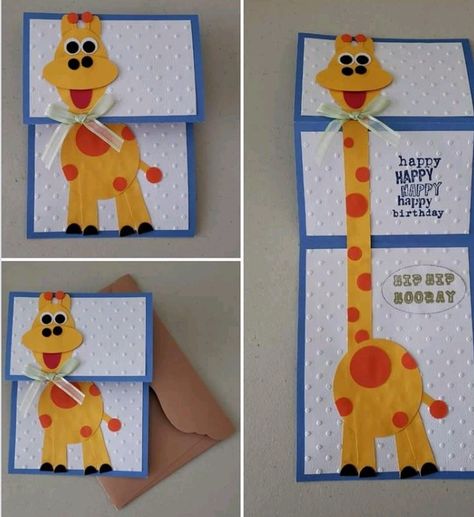 Cute Giraffe card on fb. Craft Instructions For Kids, Baby Cards Handmade, Homemade Birthday Cards, Pop Up Box Cards, Birthday Cards For Boys, A Giraffe, Cute Giraffe, Kids Birthday Cards, Fancy Fold Cards