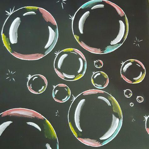 Bubble Chalk Art, Bubble Art Tutorial, Diy Bubble Decor, Bubble Canvas Painting, Black Board Drawing Ideas, Painted Bubbles, School Chalkboard Art, Blackboard Drawing, Blackboard Art