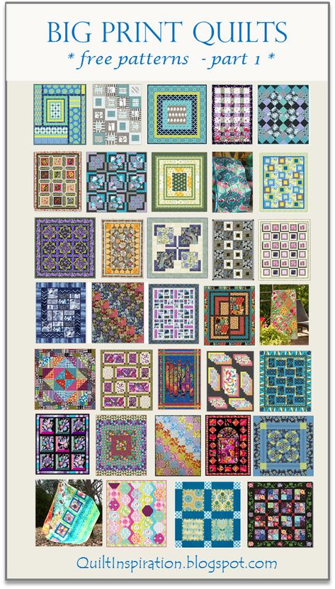 Easy pieced quilt patterns for floral print fabrics, using large blocks. Bq4 Quilt Pattern, Quilt Patterns For Large Scale Prints, Large Scale Fabric Quilt Pattern, Large Scale Print Quilt Patterns, Quilts Using Large Scale Prints, Large Print Quilts Ideas, Big Print Quilts, Large Print Quilt Patterns Free, Big Block Quilt Patterns Large Prints