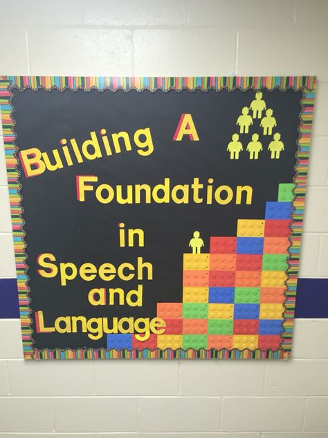 Lego Bulletin Board Speech Therapy Lego Teacher Appreciation Week, Lego Bulletin Board, Speech Classroom Decor, Lego Classroom Theme, Speech Bulletin Boards, Lego Therapy, Music Bulletin Boards, Work Bulletin Boards, Halloween Math Activities