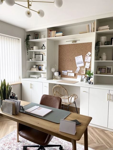 Ikea Hemnes Office Ideas, Upstairs Office Ideas, Ikea Desk With Shelves, Home Office With Storage Ideas, Office Ikea Built Ins, Home Office Built Ins With Desk L Shaped, Scandi Study Room, Ikea Office Storage Ideas, Home Office Den Combo