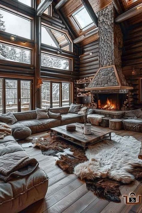 Cozy log cabin living room with a stone fireplace, rustic decor, and large windows displaying a snowy outdoor view. Lodge House Interior, Mountain House Interior Design, Snowy Log Cabin, Mountain House Living Room, Rustic Living Room Designs, Cozy Cabin Living Room, Rustic Cabin Living Room, Living Room With Stone Fireplace, Redecorate Room