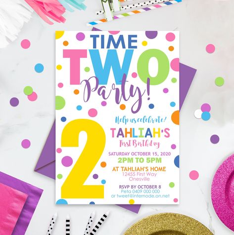 Time TWO Party Birthday Invitation Editable Confetti 2nd Birthday Invite Download Girl 2nd Birthday Invitation Digital 2nd Birthday Invite - Etsy February Baby Birthday, 2nd Birthday Invite, 2nd Birthday Party For Boys, Invitation Examples, 2nd Birthday Party Themes, 2nd Birthday Invitations, Girl 2nd Birthday, Birthday Template, Birthday Invitations Girl