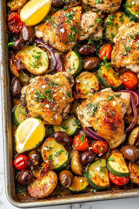 Greek Sheet-Pan Chicken - Insanely Good Chicken Pan Meals, Greek Chicken Sheet Pan Recipes, Greek Chicken With Potatoes, Sheet Pan Meal Ideas, Mediterranean Diet Recipes Sheet Pan, One Pan Chicken And Vegetables, Chicken Sheet Pan Meals, Mediterranean Recipes Chicken, One Pan Chicken Recipes