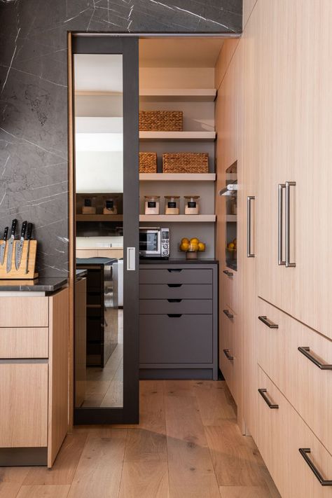 Having a walk-in pantry with additional cooking appliances and storage was really important in the design for these homeowners. They liked an idea they saw in our showroom to close off the extended pantry with a Schmalenbach sliding pocket door when not in use.⁠ Hidden Larder Room, Pocket Doors Kitchen Pantry, Kitchen Pantry Sliding Door, Walk In Pantry Sliding Door, Cabinet Door To Pantry, Pocket Door Pantry Kitchen, No Door Pantry, Walk In Pantry Doors, Pantries Walk In