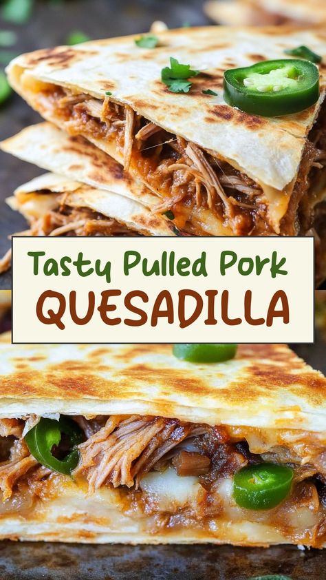 Indulge in the ultimate comfort food with these mouthwatering pulled pork quesadillas! Packed with flavor and gooey cheese, they make for a delicious meal or party appetizer. Whether you're hosting a gathering or looking for a satisfying weeknight dinner, these quesadillas are sure to please. The combination of tender pulled pork, melted cheese, and crispy tortillas creates a sensational dish that will have everyone reaching for seconds. Bbq Pork Quesadilla, Shredded Pork Quesadilla, What To Make With Leftover Pulled Pork, Quick Pulled Pork, Pulled Pork Quesadillas, Pork Quesadillas, Pork Quesadilla, Pulled Pork Quesadilla, Spicy Pulled Pork