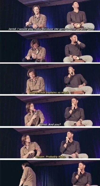 Who gets to be Ruby? Sammy Supernatural, Sam And Dean, Supernatural Tv Show, Winchester Boys, Jared And Jensen, Supernatural Memes, Supernatural Fans, Supernatural Funny, Odaiba